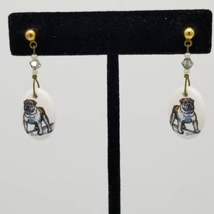 English Bulldog Porcelain Painted Dangle Drop Earrings Signed JZ dog
